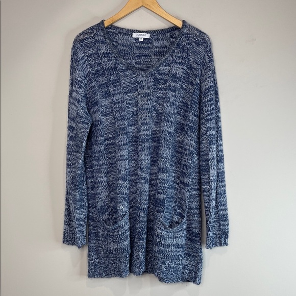 My Style V-Neck Knit Tunic Sweater Navy Blue Grey Mix Pockets Plus Size 2X - Picture 3 of 11